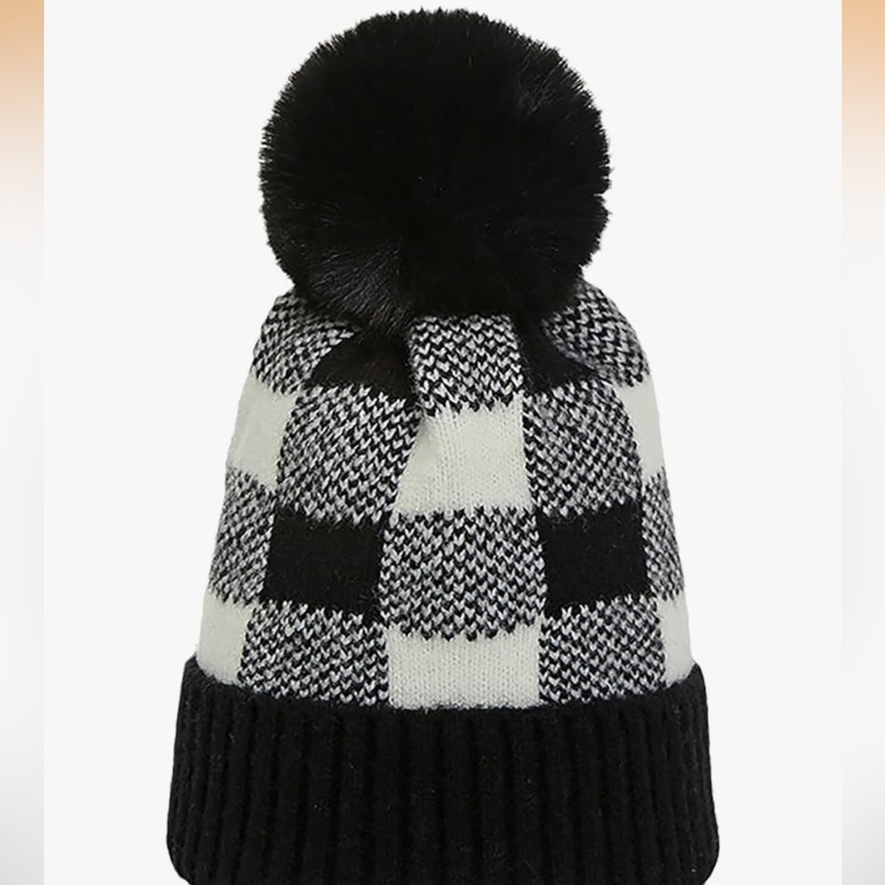 Chic Nation Black and White Checkered Pom-Pom Beanie